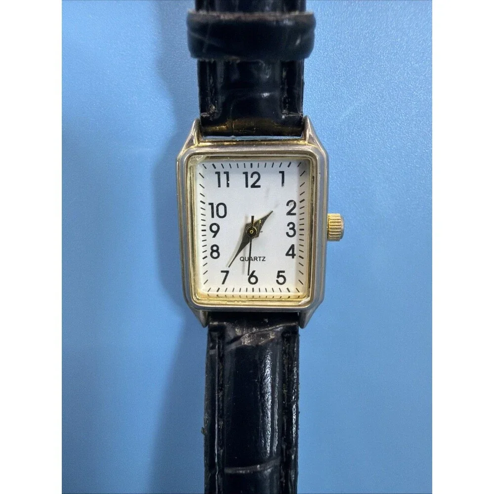 Women's Gold Tone Rectangle Quartz Watch Black Band 57818KMT New Battery